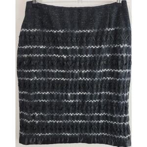 Jodi Black Gray Wool A-Line Skirt 12 Ribbon Details Satin Trim Knee Length Lined